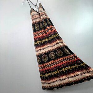 Currants Boho Southwestern Maxi Dress L Black Tan V Neck Padded Smocked Hippie